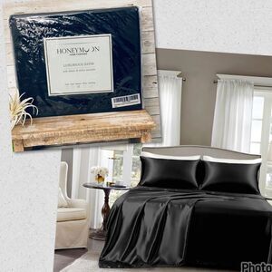 NWT Gorgeous Honeymoon Queen Black Luxury Soft Shiny Smooth Satin 4 pc Sheet Set
